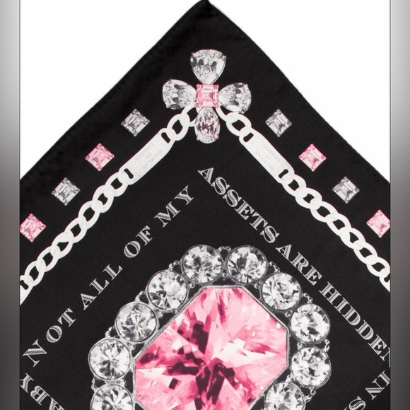 💖💎”TRUST FUND BABY”💎💖
PINK/BLACK GEMMED PRINT 100% SILK SCARF W/GEMMED SCARF TIE - Picture 5 of 7